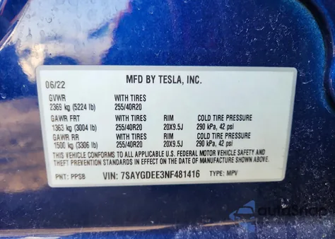2022 Tesla Model Y z USA, uszkodzony, nr VIN 7SAYGDEE3NF481416
